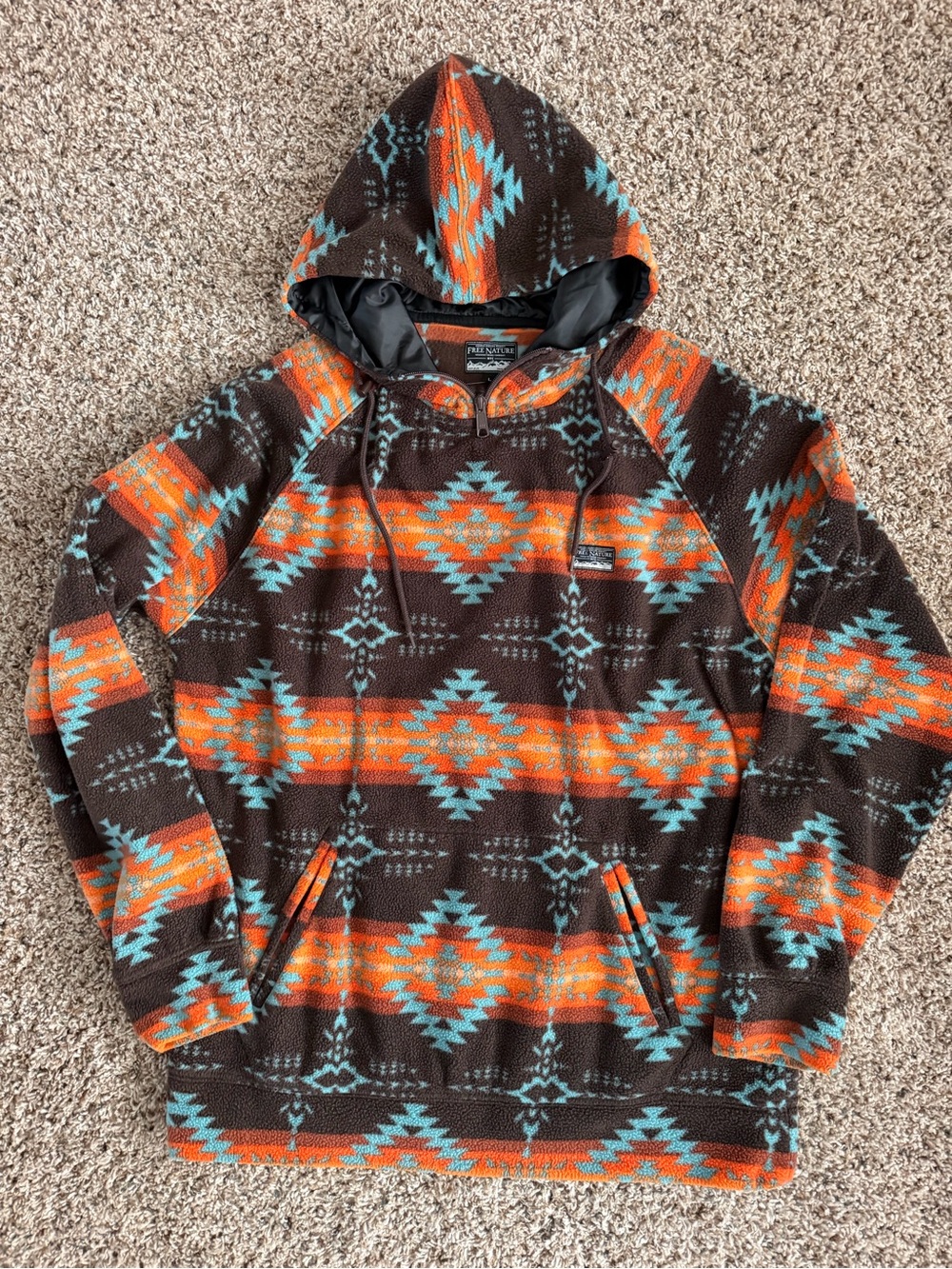 Free Nature Men’s Fleece Hoodie Brown Orange Southwestern Quarter Zip, size M